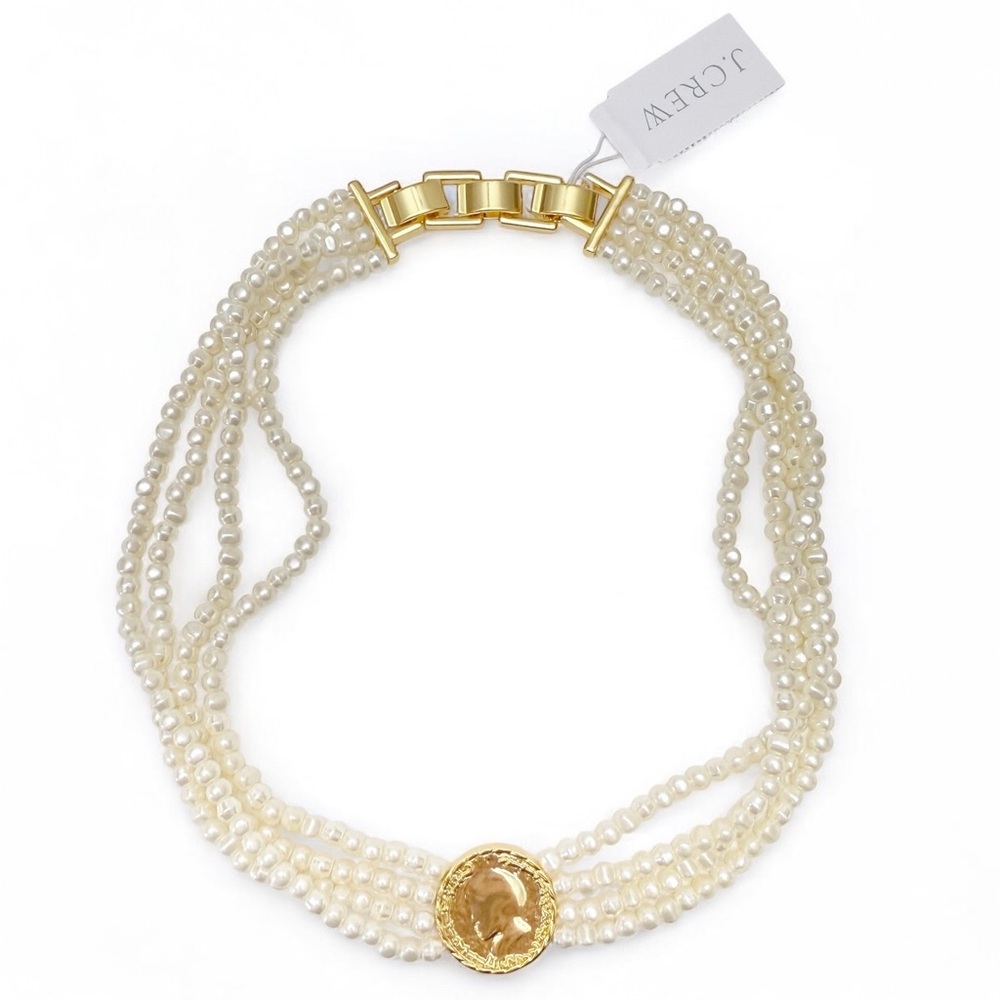 J. Crew Four Strand Faux Pearl Beaded Ancient Roman Coin Collar Necklace NEW